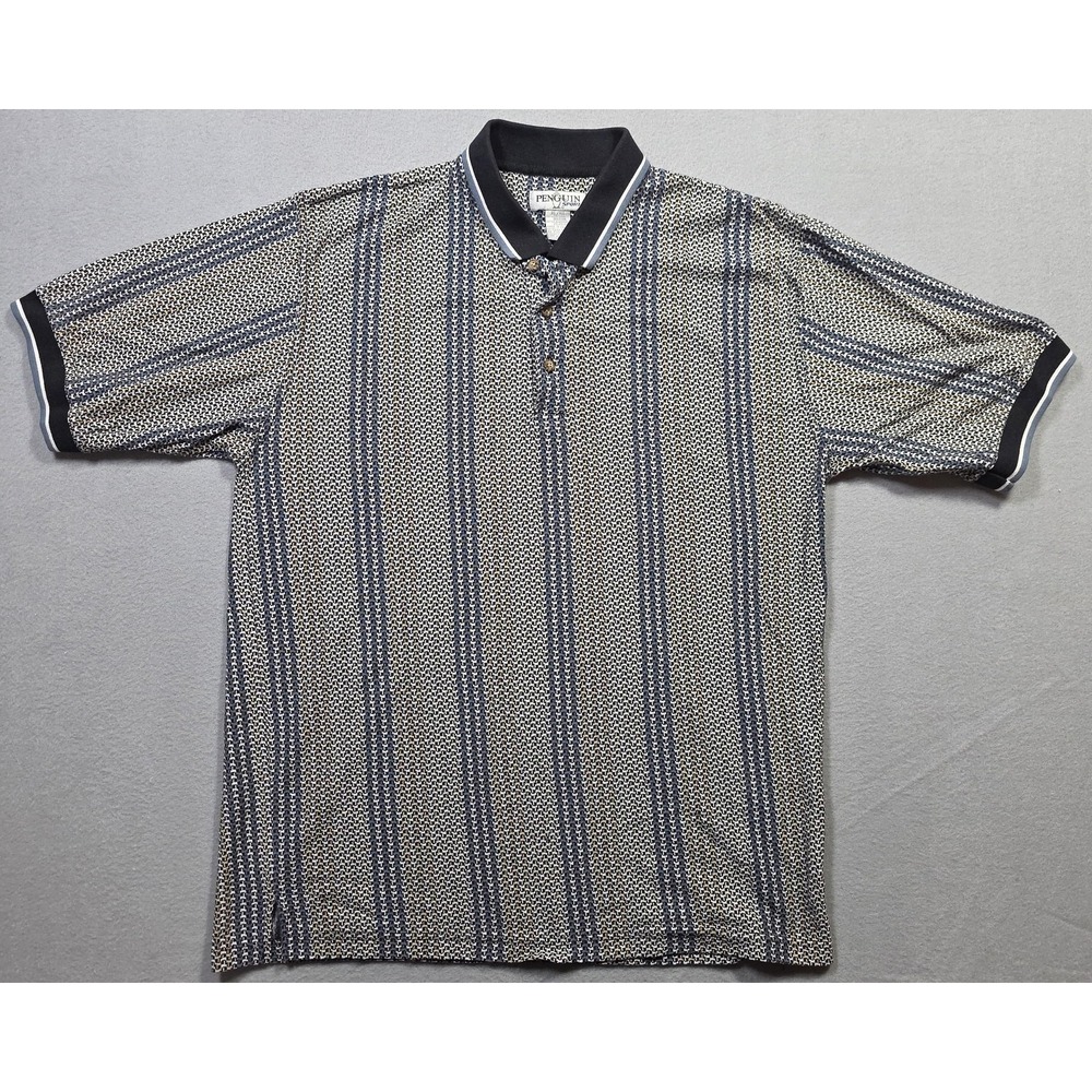 Vintage Penguin Sport Polo Shirt Mens XL Blue Tan Geometric Pattern Knit 90s